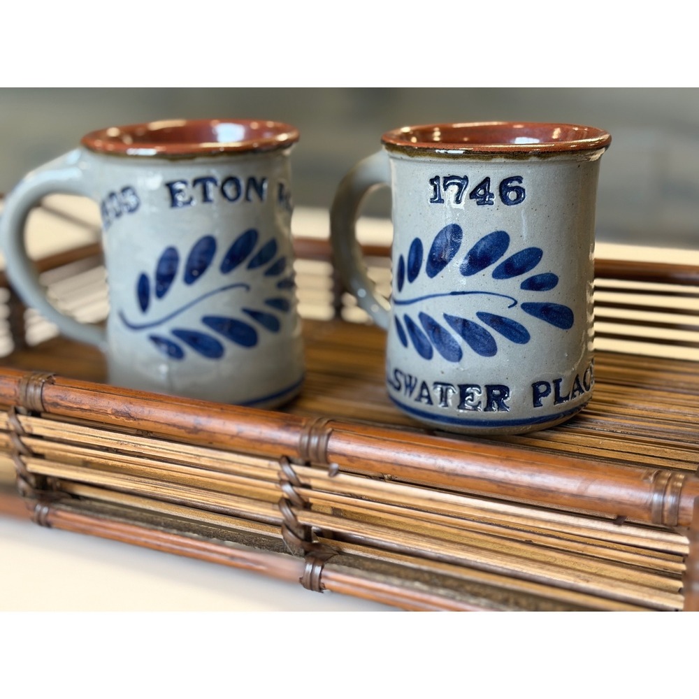 Vintage Salt Glaze Stoneware Mugs Set of 2 Eton 1533 & Ullswater Place 1746 Blue - Picture 3 of 5